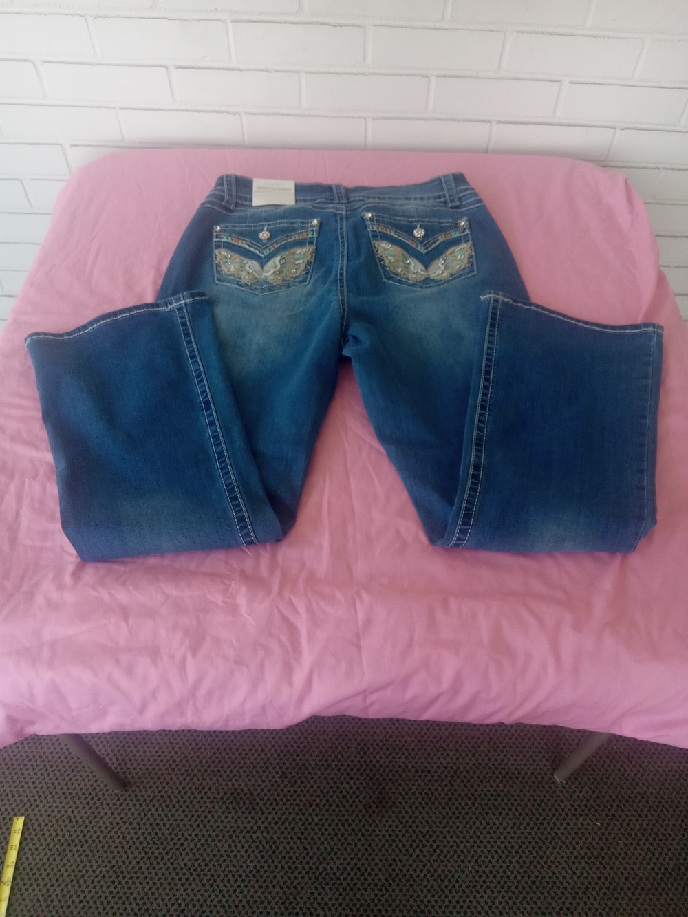 Women’s Boot Cut Jeans in Blue with Embellished Back Pockets
